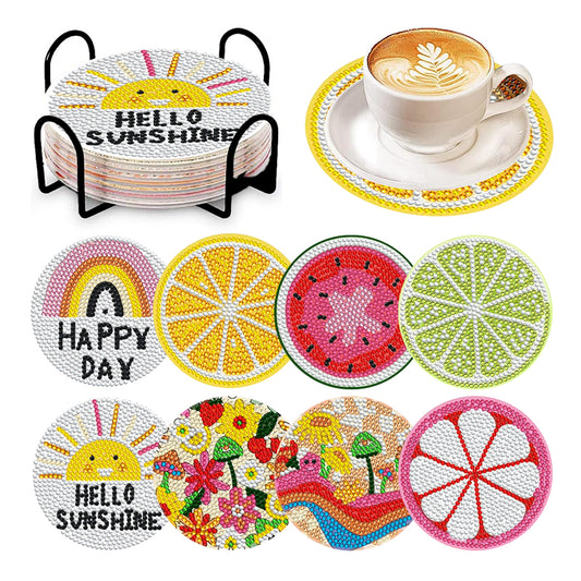 8 Pcs Acrylic Diamond Painting Coasters Kits with Holder Cork Pads (Fruit)