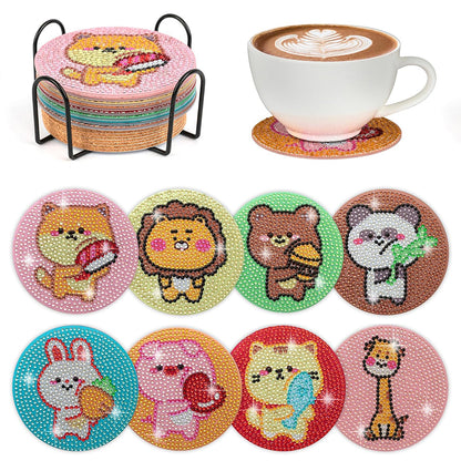 8 Pcs Acrylic Diamond Painting Coasters with Holder Cork Pads (Cartoon Animal)