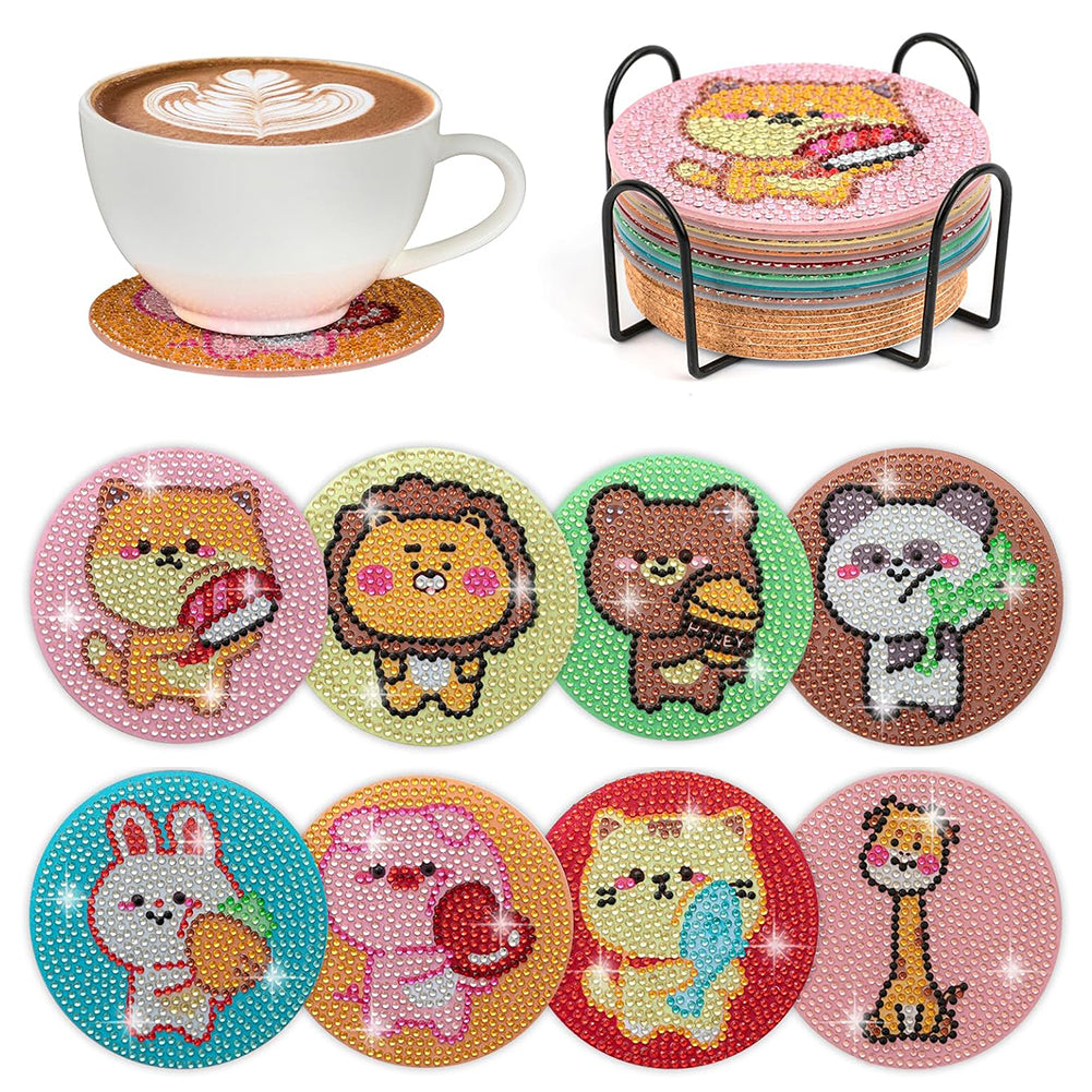 8 Pcs Acrylic Diamond Painting Coasters with Holder Cork Pads (Cartoon Animal)