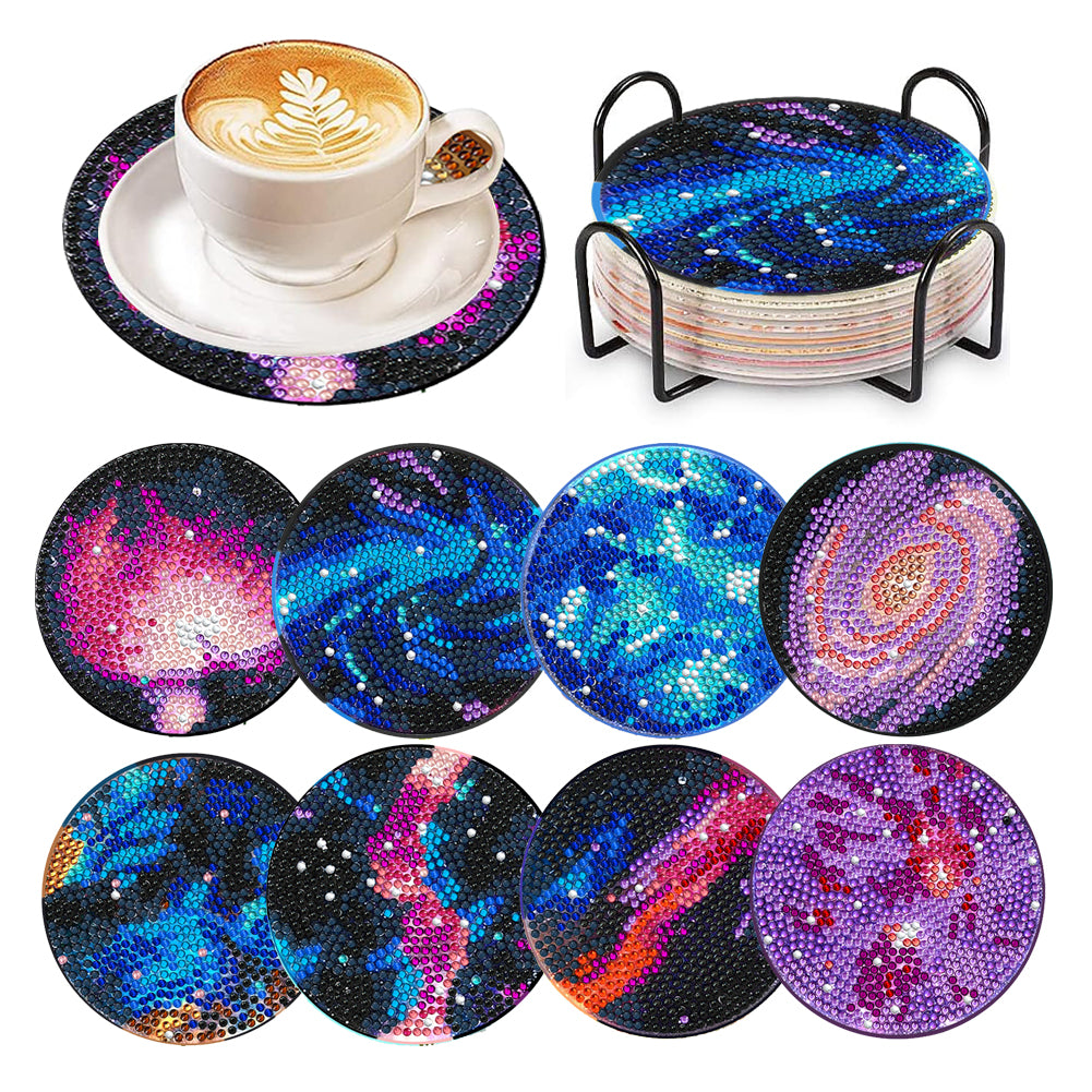 8 Pcs Acrylic Diamond Painting Coasters with Holder Cork Pads (Galactic System)