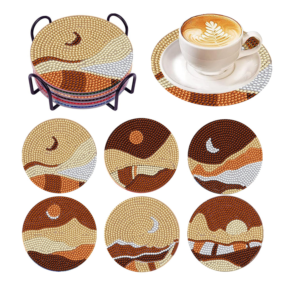 6Pcs Acrylic Diamond Painting Coaster with Holder Cork Pads(Geometric Landscape)