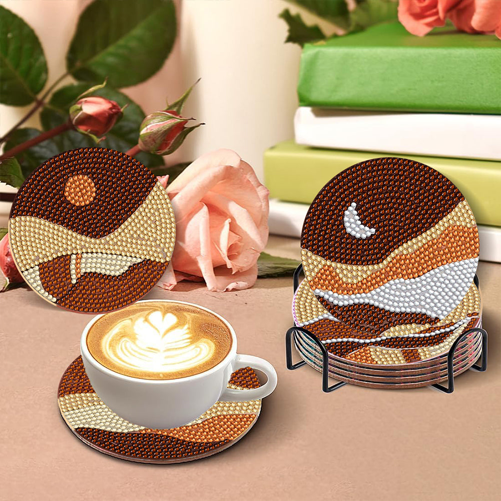 6Pcs Acrylic Diamond Painting Coaster with Holder Cork Pads(Geometric Landscape)