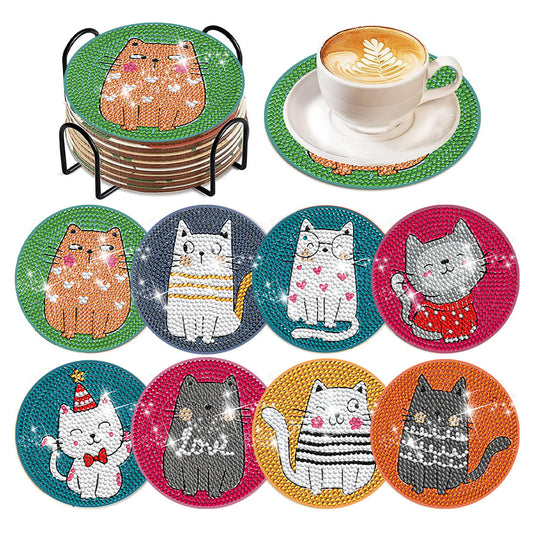 8 Pcs Acrylic Diamond Painting Coasters Kits with Holder Cork Pads (Cartoon Cat)