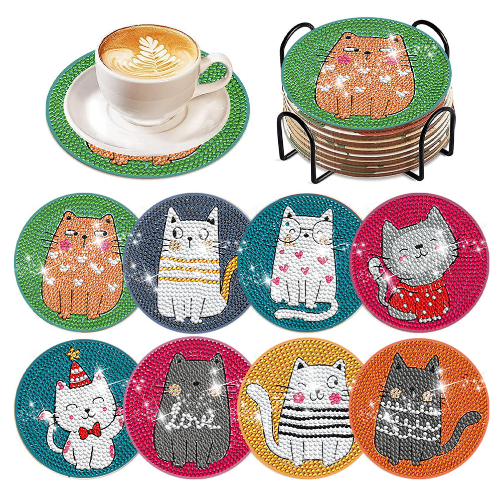 8 Pcs Acrylic Diamond Painting Coasters Kits with Holder Cork Pads (Cartoon Cat)