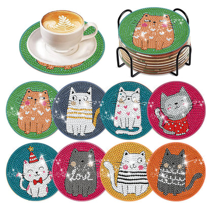 8 Pcs Acrylic Diamond Painting Coasters Kits with Holder Cork Pads (Cartoon Cat)