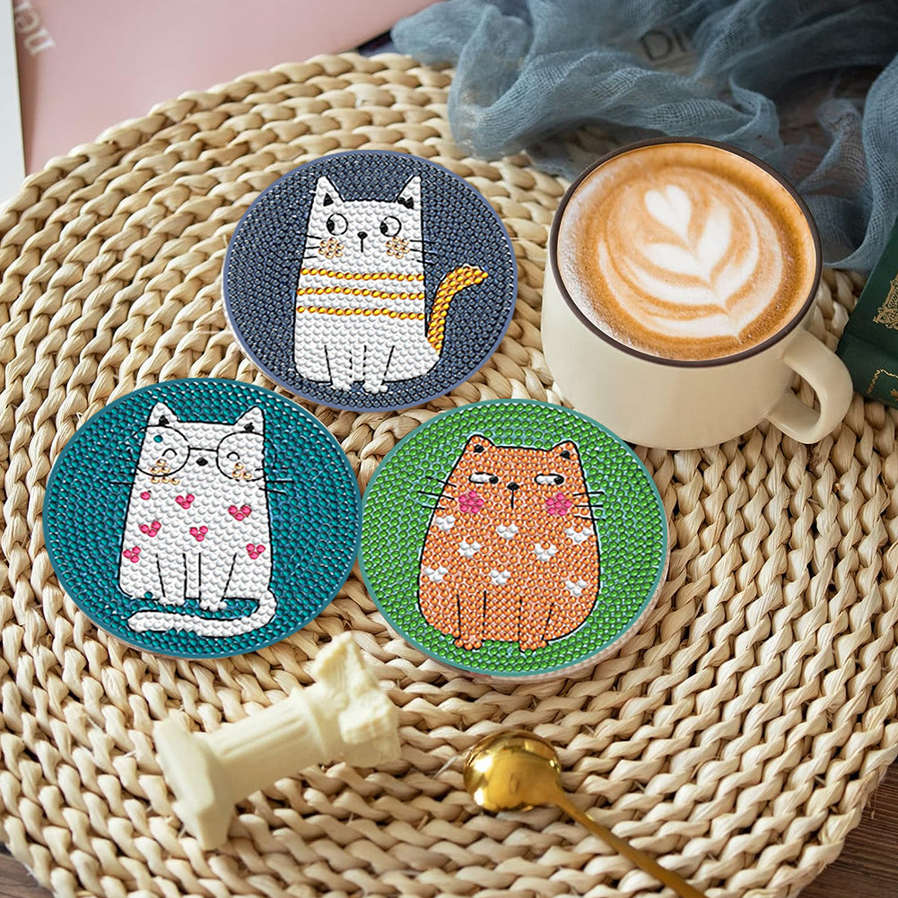 8 Pcs Acrylic Diamond Painting Coasters Kits with Holder Cork Pads (Cartoon Cat)