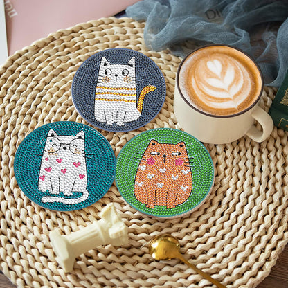 8 Pcs Acrylic Diamond Painting Coasters Kits with Holder Cork Pads (Cartoon Cat)