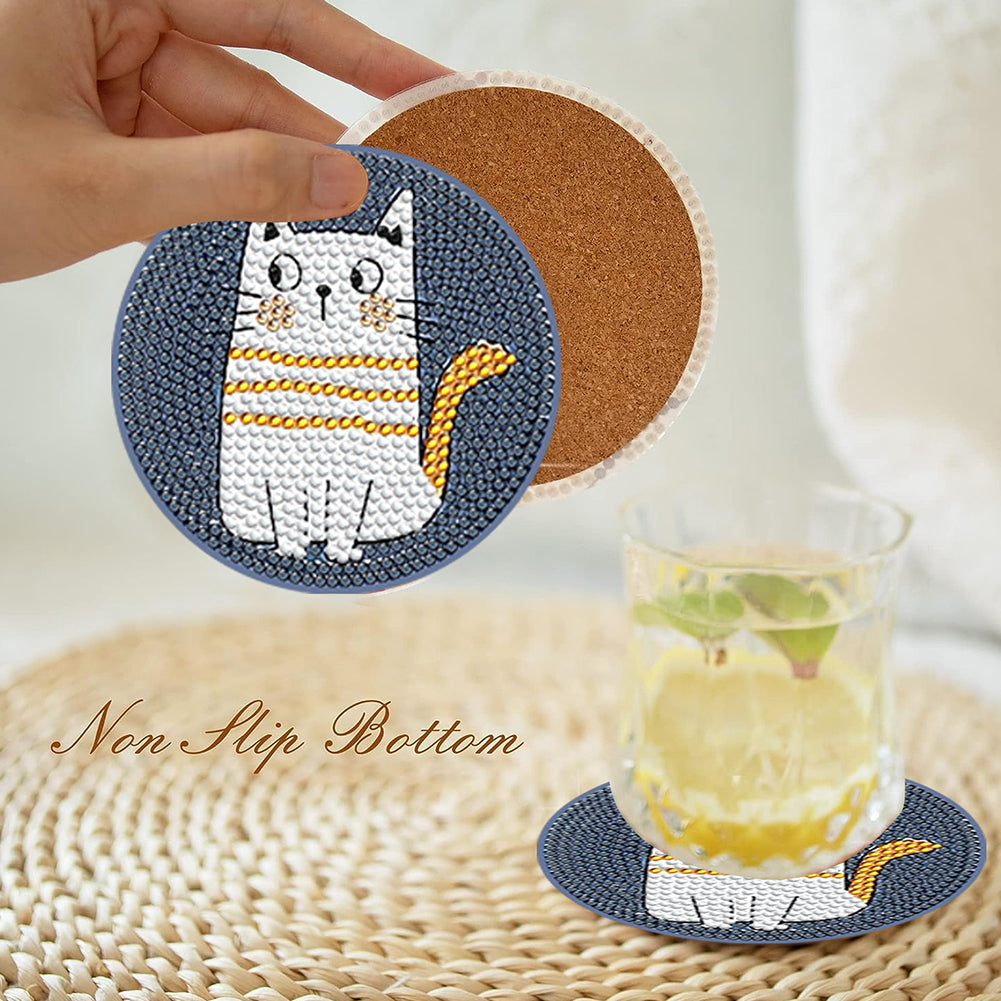 8 Pcs Acrylic Diamond Painting Coasters Kits with Holder Cork Pads (Cartoon Cat)