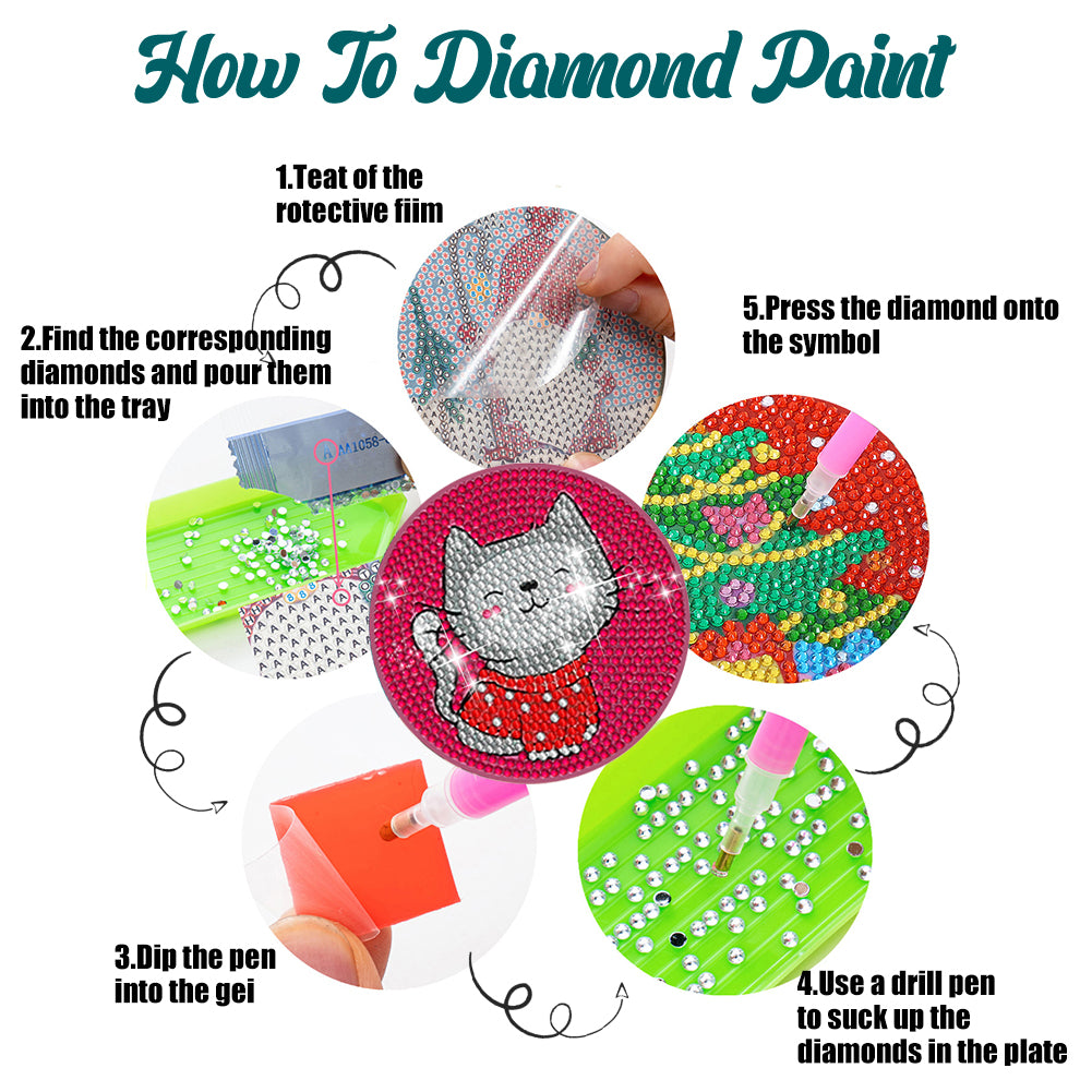 8 Pcs Acrylic Diamond Painting Coasters Kits with Holder Cork Pads (Cartoon Cat)