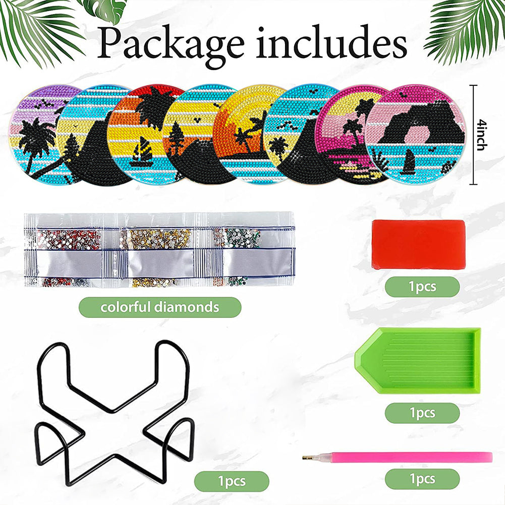8 Pcs Acrylic Diamond Painting Coasters with Holder Cork Pads (Summer Beach)