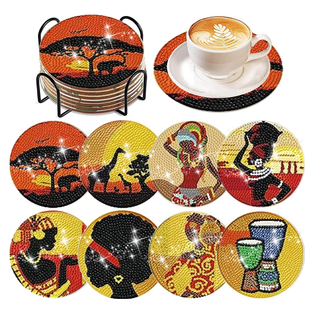 8 Pcs Acrylic Diamond Painting Coasters with Holder Cork Pads (Indian Element)