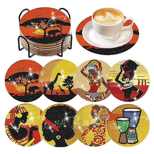 8 Pcs Acrylic Diamond Painting Coasters with Holder Cork Pads (Indian Element)