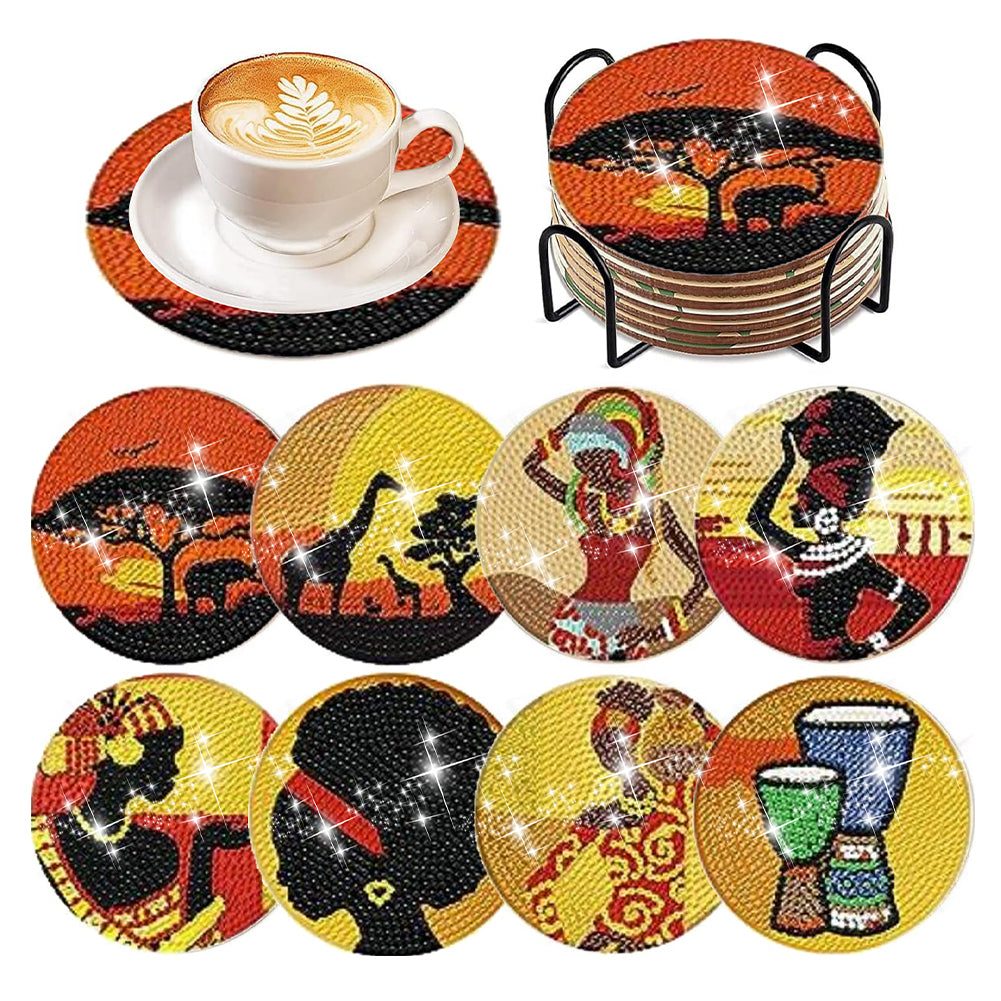 8 Pcs Acrylic Diamond Painting Coasters with Holder Cork Pads (Indian Element)