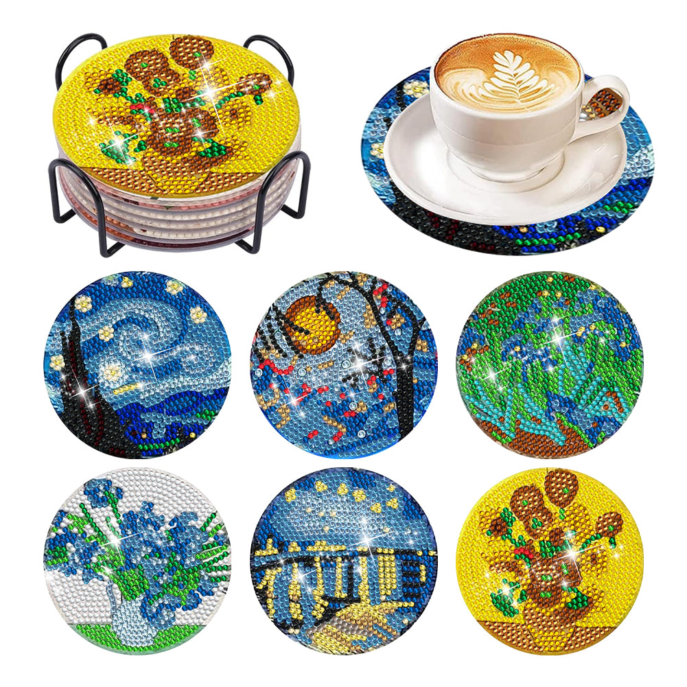 6Pcs Acrylic Diamond Painting Coasters with Holder Cork Pads(Van Gogh Sunflower)