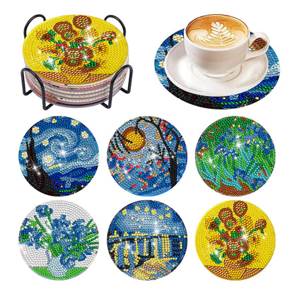 6Pcs Acrylic Diamond Painting Coasters with Holder Cork Pads(Van Gogh Sunflower)