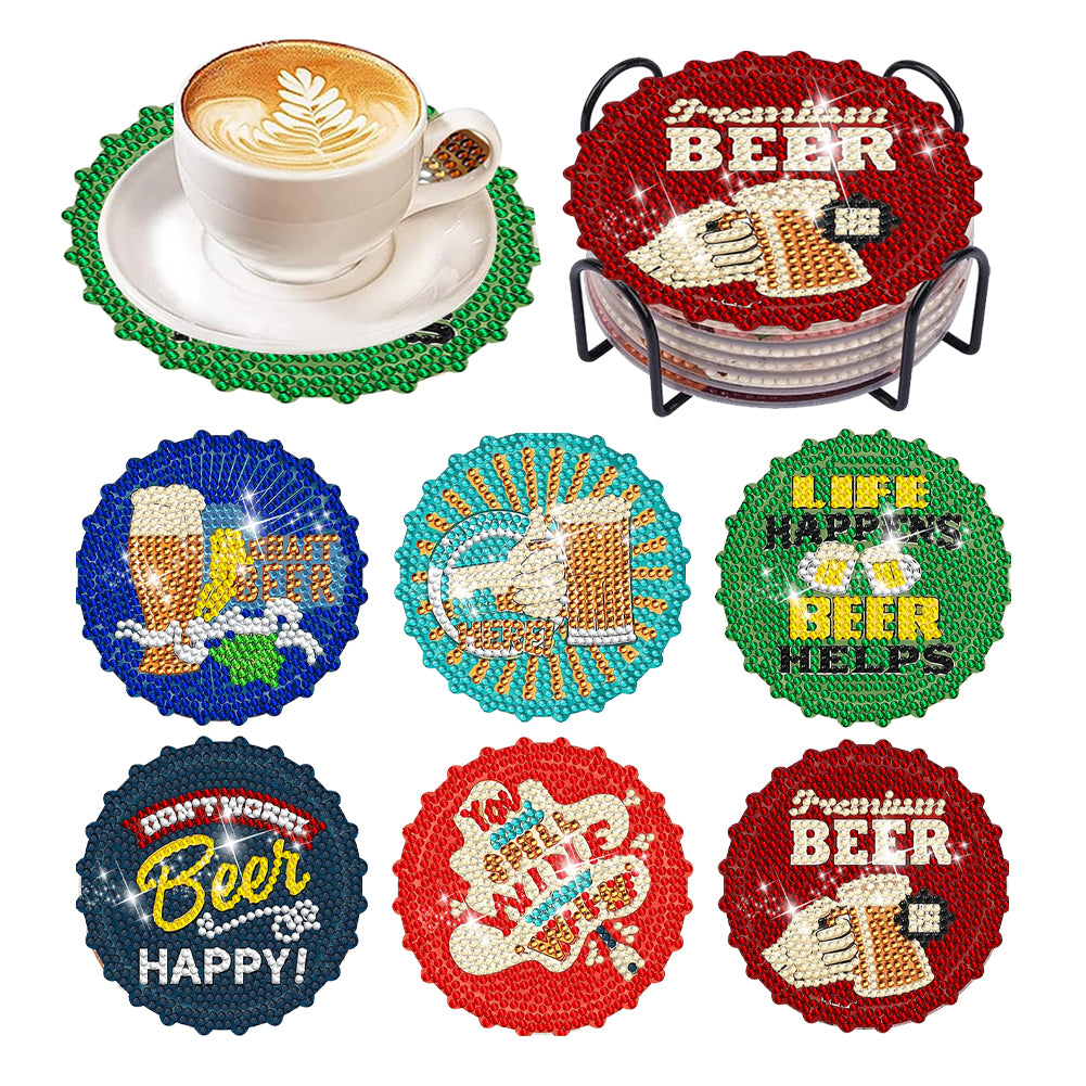 6 Pcs Acrylic Diamond Painting Coasters Kits with Holder Cork Pads (Beer)