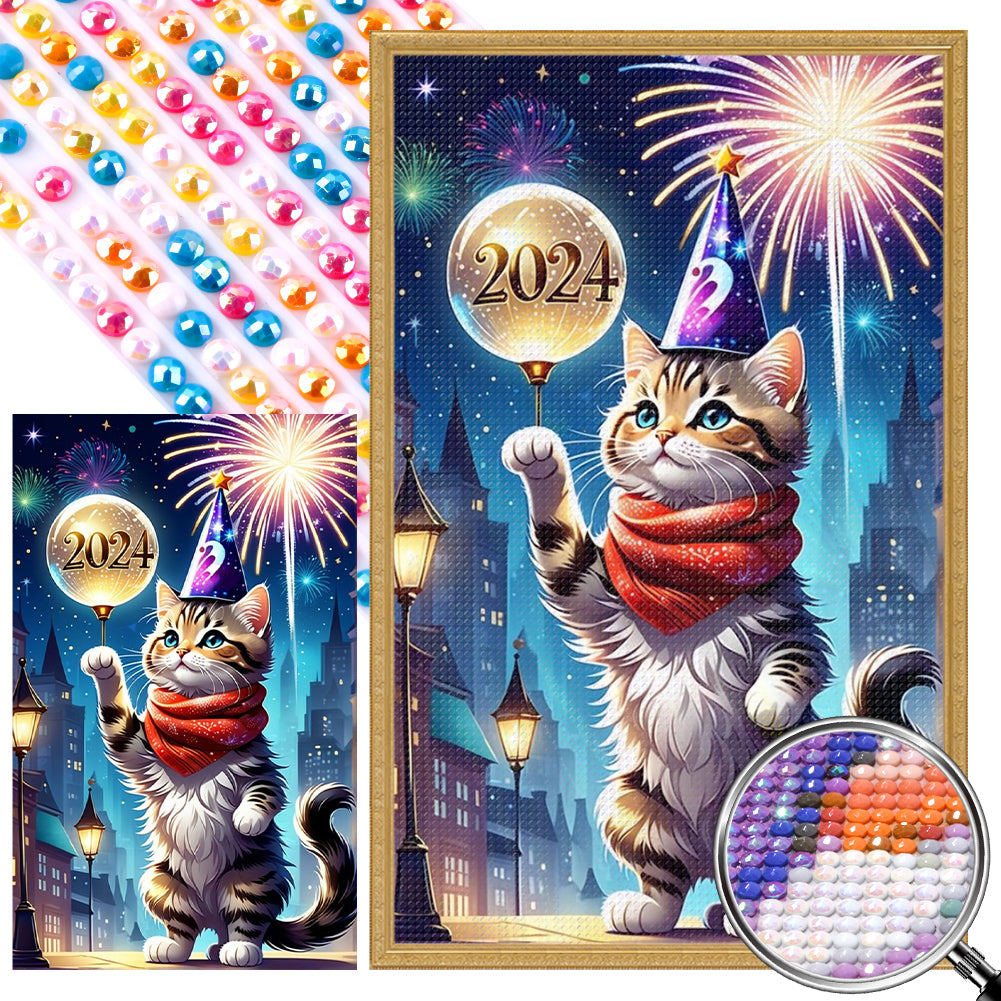 New Year Kitten - Full AB Round Drill Diamond Painting 30*50CM