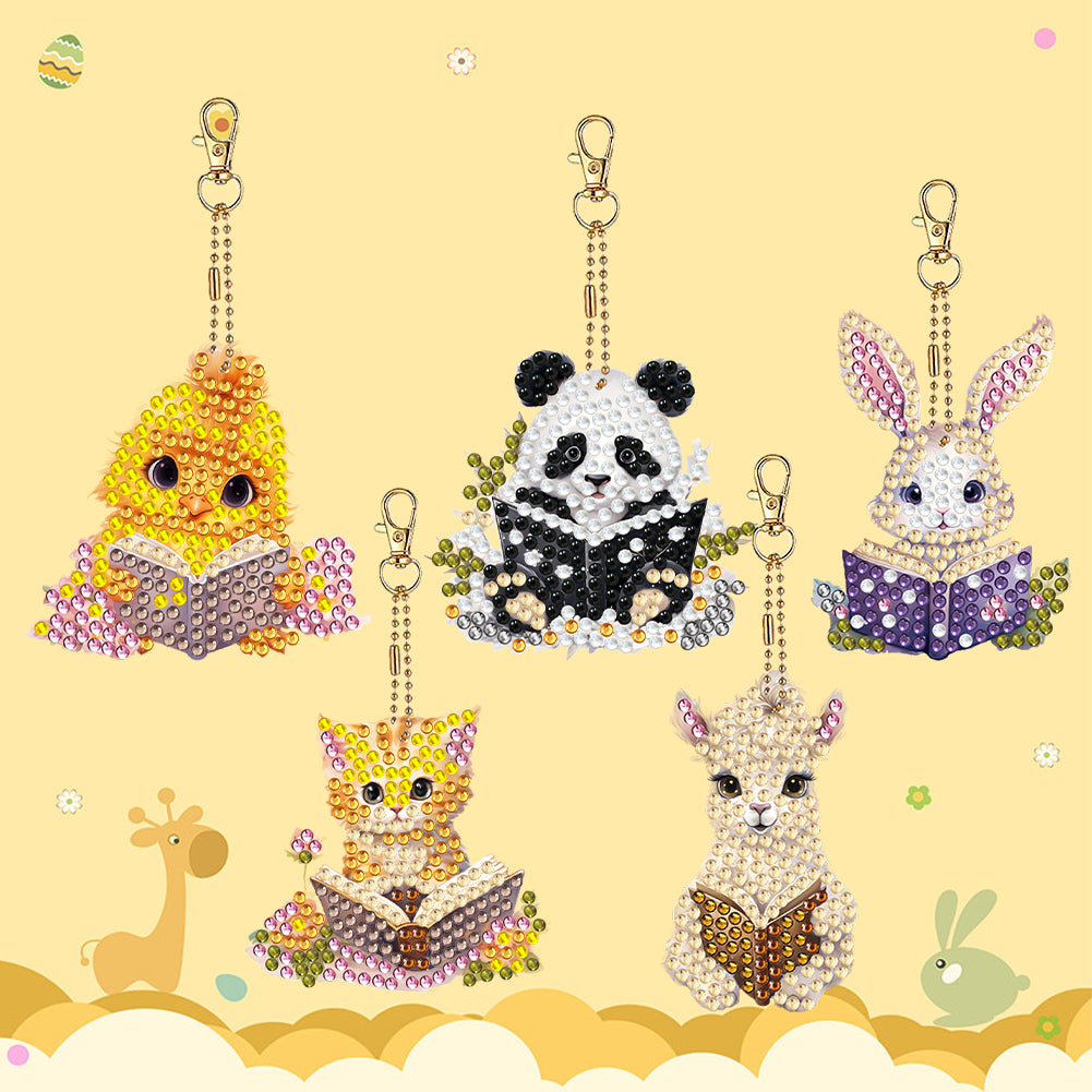 5 Pcs Double Sided Diamond Painting Keychain for Beginners Adult(Animal Reading)
