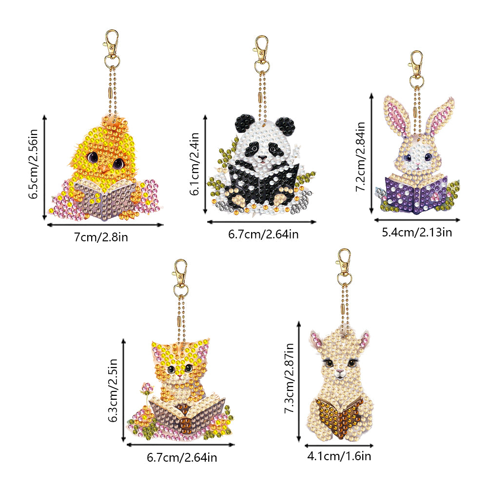 5 Pcs Double Sided Diamond Painting Keychain for Beginners Adult(Animal Reading)