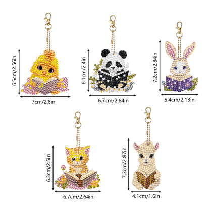 5 Pcs Double Sided Diamond Painting Keychain for Beginners Adult(Animal Reading)