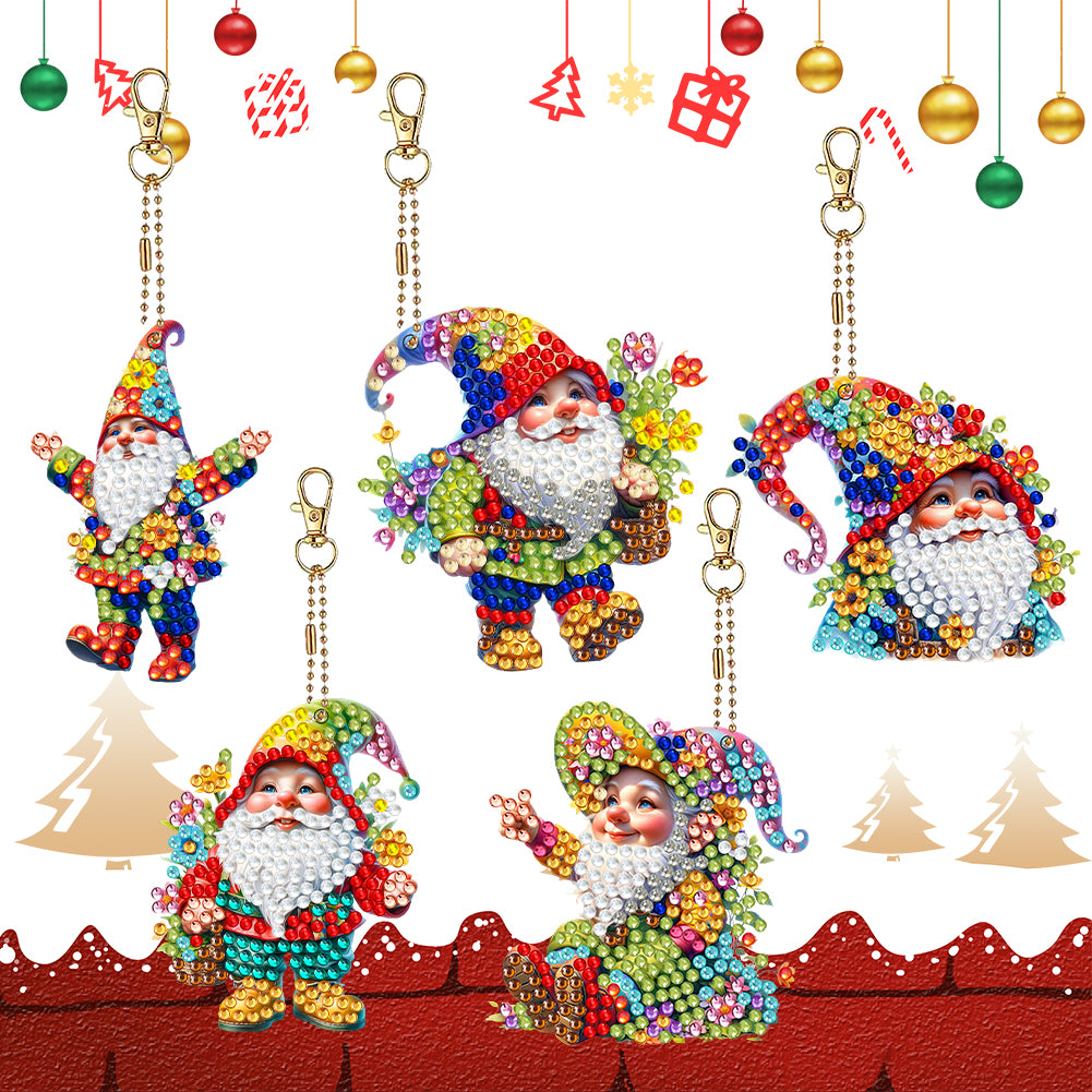 5 Pcs Double Sided Diamond Painting Keychain for Beginners Adults (Garden Gnome)