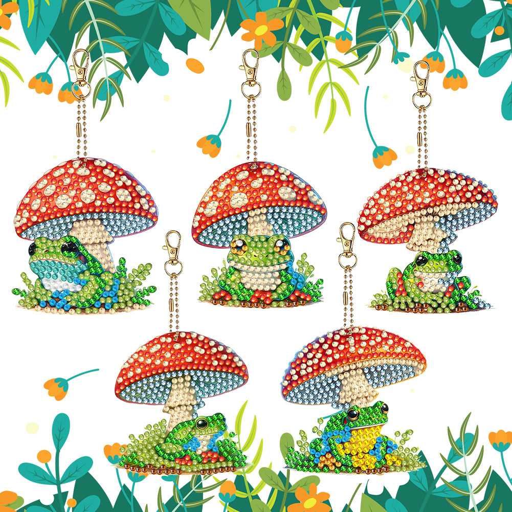 5 Pcs Double Sided Diamond Painting Keychain for Beginners Adult (Mushroom Frog)