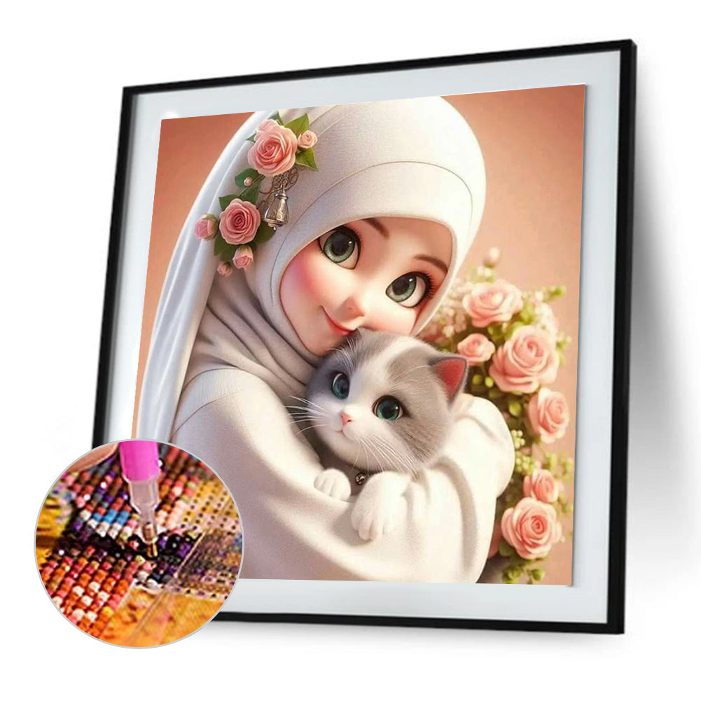 Girl And Cat - Full Round Drill Diamond Painting 30*30CM