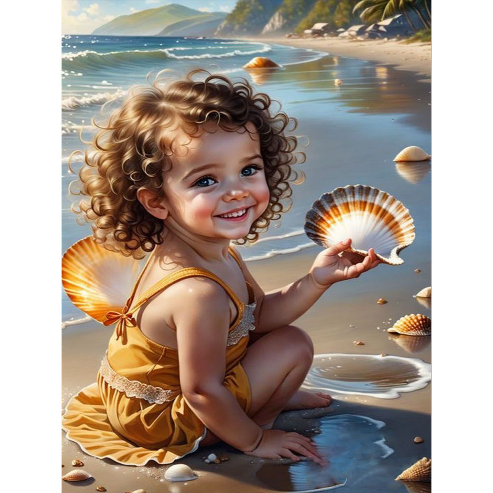 Little Girl Playing At The Beach - Full Round Drill Diamond Painting 30*40CM