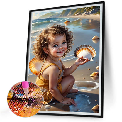 Little Girl Playing At The Beach - Full Round Drill Diamond Painting 30*40CM