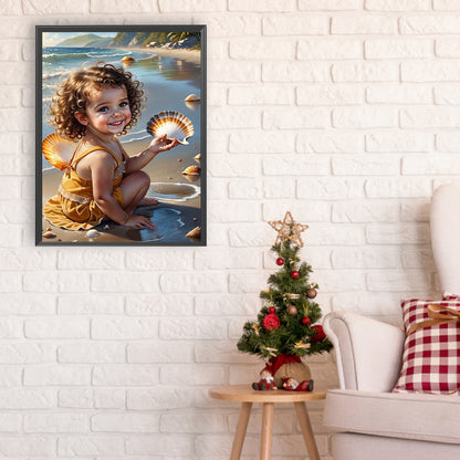 Little Girl Playing At The Beach - Full Round Drill Diamond Painting 30*40CM