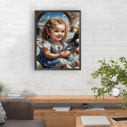 Little Girl Playing At The Beach - Full Round Drill Diamond Painting 30*40CM