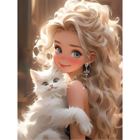 Blonde Girl Holding Cat - Full Round Drill Diamond Painting 30*40CM