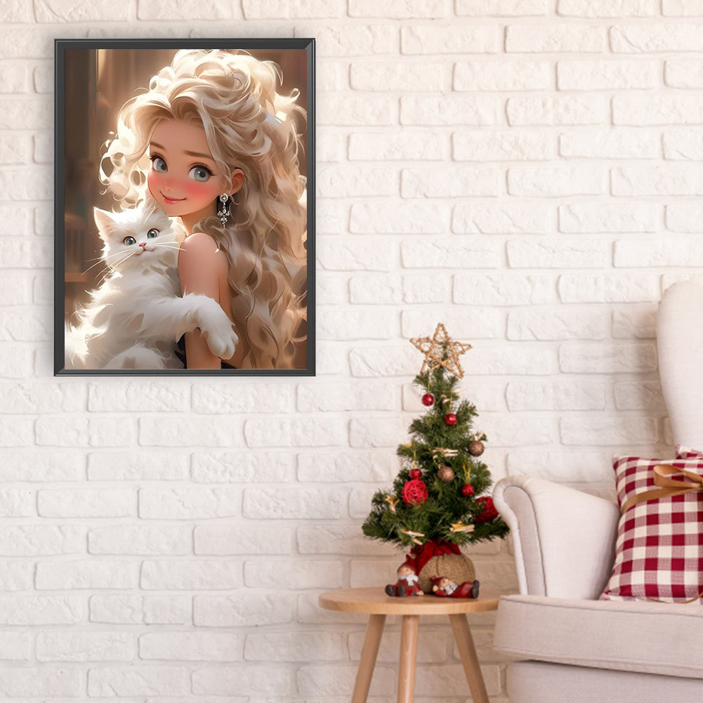 Blonde Girl Holding Cat - Full Round Drill Diamond Painting 30*40CM