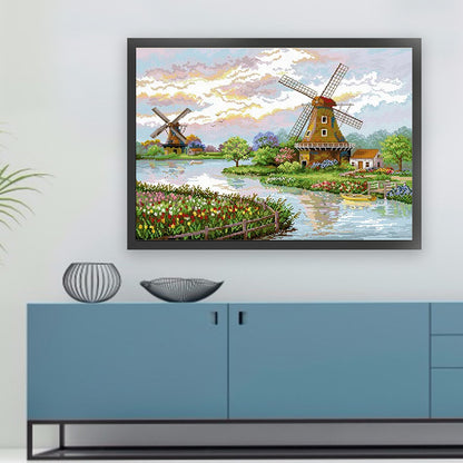 Dutch Windmill - 11CT Stamped Cross Stitch 70*55CM(Spring)