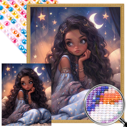 Pensive Girl With Stars And Moon - Full AB Round Drill Diamond Painting 40*50CM