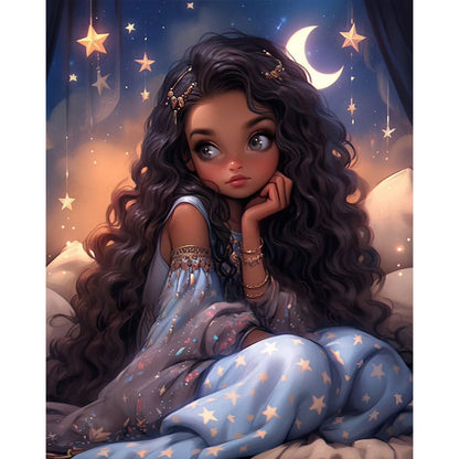 Pensive Girl With Stars And Moon - Full AB Round Drill Diamond Painting 40*50CM