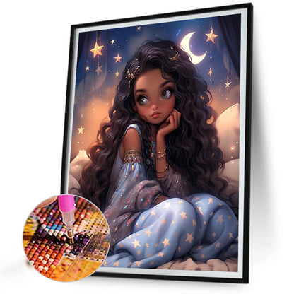 Pensive Girl With Stars And Moon - Full AB Round Drill Diamond Painting 40*50CM