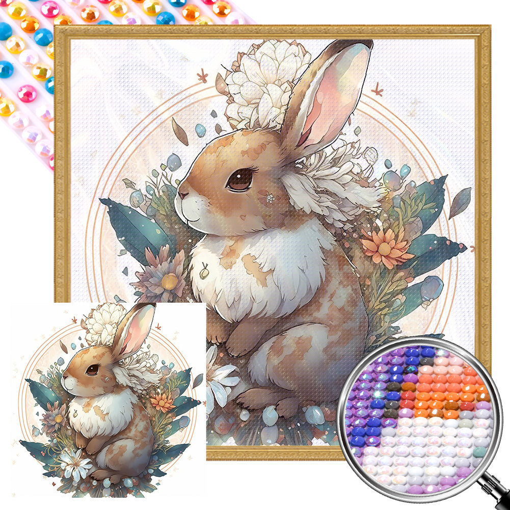 Brown Bunny With Flowers - Full AB Round Drill Diamond Painting 40*40CM