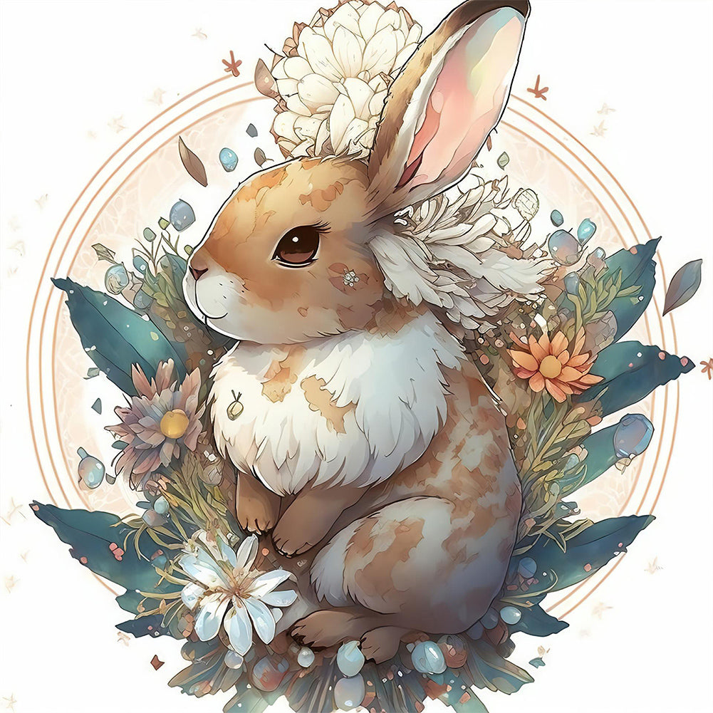 Brown Bunny With Flowers - Full AB Round Drill Diamond Painting 40*40CM