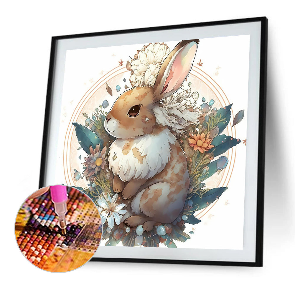 Brown Bunny With Flowers - Full AB Round Drill Diamond Painting 40*40CM