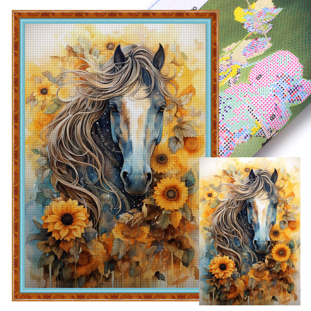 Sunflowers And Horses - 11CT Stamped Cross Stitch 40*60CM