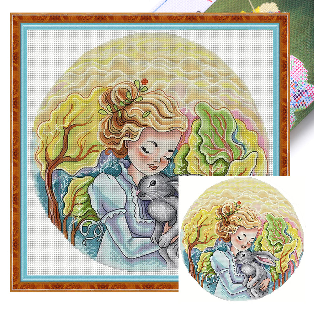 Girl And Bunny - 14CT Stamped Cross Stitch 35*35CM(Joy Sunday)