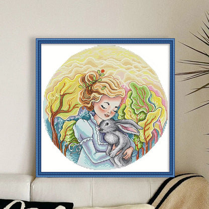 Girl And Bunny - 14CT Stamped Cross Stitch 35*35CM(Joy Sunday)