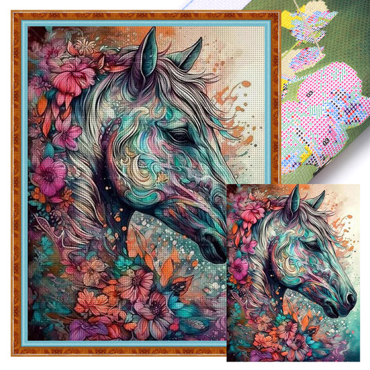 Flowers And Horses - 11CT Stamped Cross Stitch 40*55CM