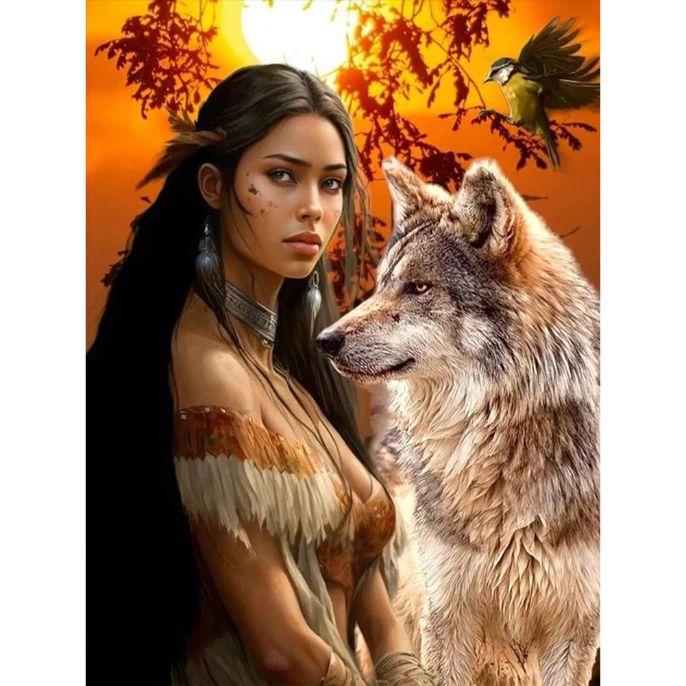 Indian Wolf Girl - Full Round Drill Diamond Painting 30*40CM