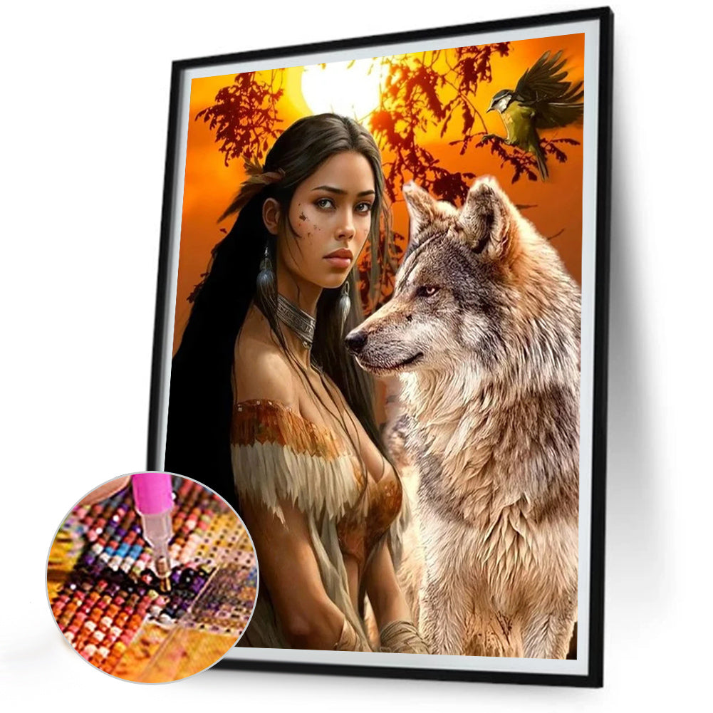 Indian Wolf Girl - Full Round Drill Diamond Painting 30*40CM