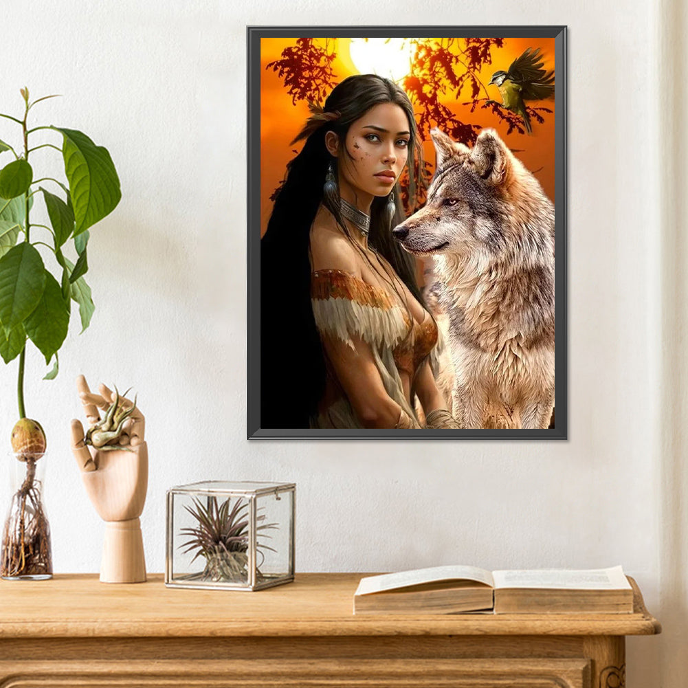 Indian Wolf Girl - Full Round Drill Diamond Painting 30*40CM