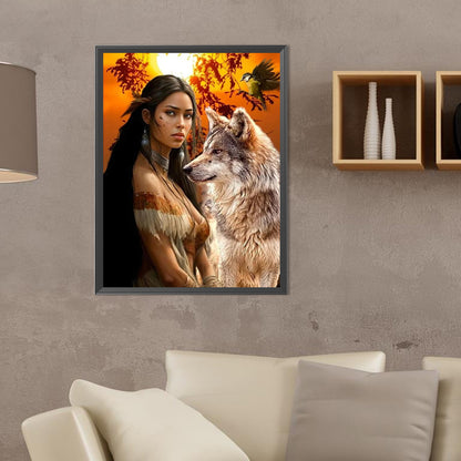 Indian Wolf Girl - Full Round Drill Diamond Painting 30*40CM