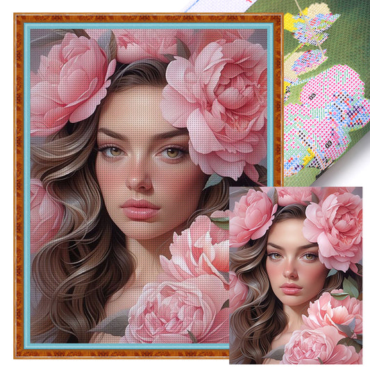 Pink Peony And Woman - 11CT Stamped Cross Stitch 50*65CM