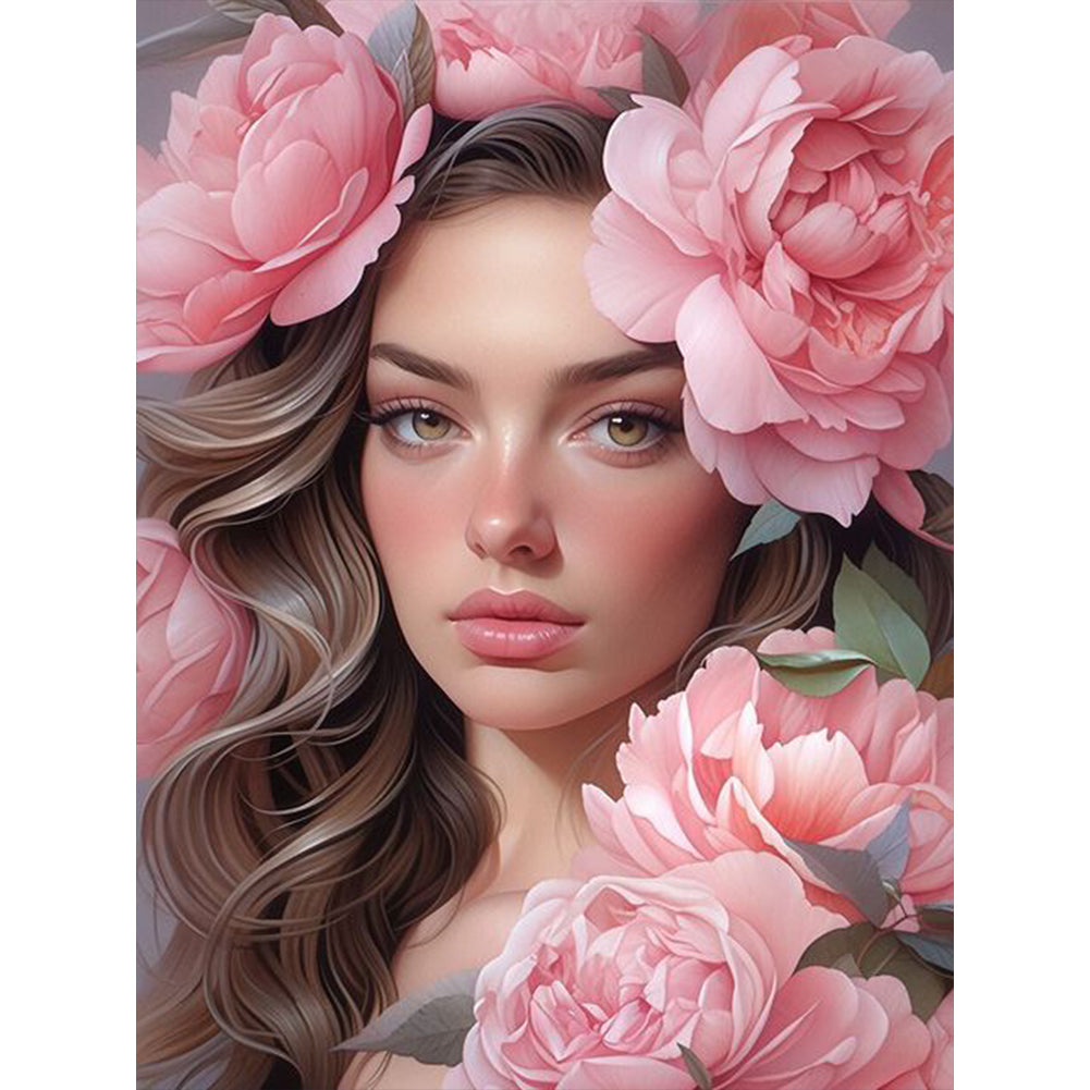 Pink Peony And Woman - 11CT Stamped Cross Stitch 50*65CM